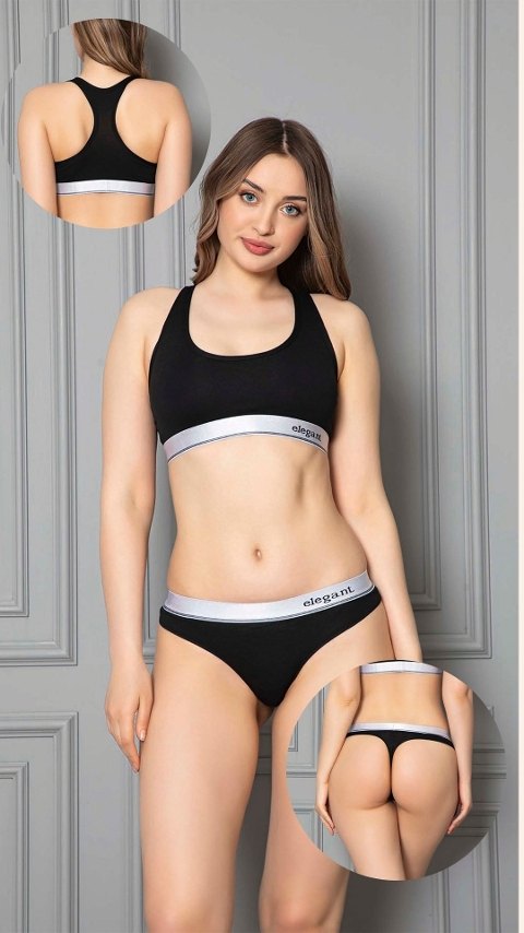Modal Pamuklu Dikişsiz Spor Sütyeni Ve String Külot Takım Öztaş 23001 - Siyah