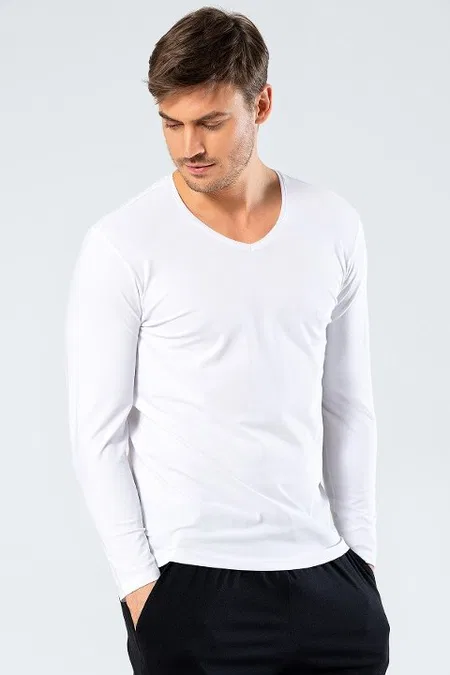 Pamuklu Uzun Kollu V Yaka T-Shirt Cacharel 1334 - Beyaz