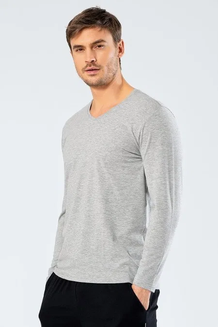 Pamuklu V Yaka Uzun Kollu T-Shirt Cacharel 1334 - Gri