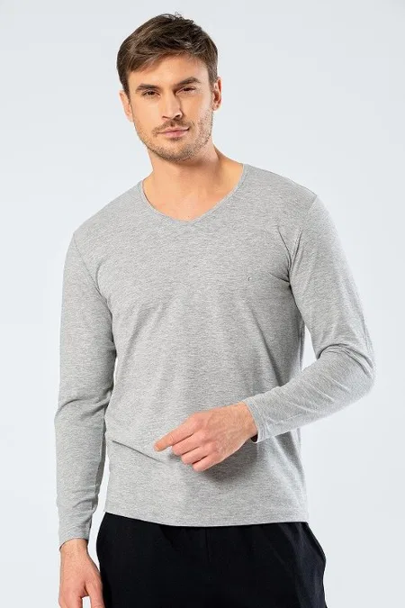 Pamuklu V Yaka Uzun Kollu T-Shirt Cacharel 1334 - Gri