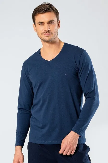 Pamuklu V Yaka Uzun Kollu T-Shirt Cacharel 1334 - İndigo