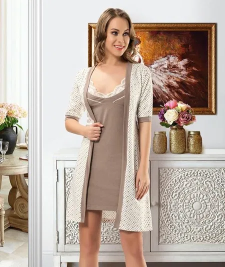 Kahverengi Uzun Kuşaklı Sabahlık Pijama Takımı Derya Kurşun 1020 - Kahverengi