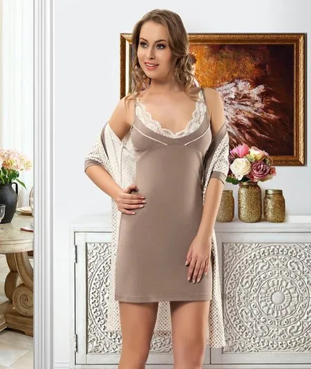 Kahverengi Uzun Kuşaklı Sabahlık Pijama Takımı Derya Kurşun 1020 - Kahverengi