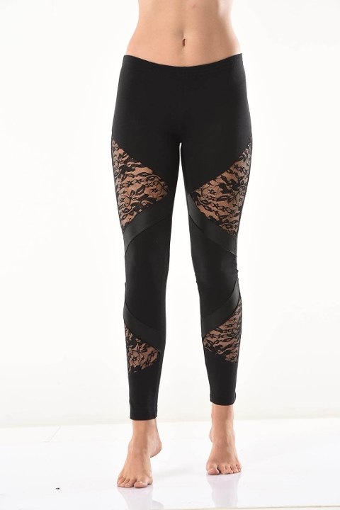 Yüksek Bel Güpür Dantel Detaylı Kadın Tayt Derya 0583 - Siyah