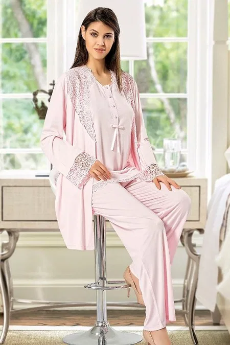 Yumuşak Dokulu Emzirme Açıklığına Sahip Hamile Pijama Takımı XSES 4200 - Pembe