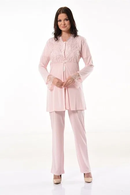 Esnek Bel ve Emzirme Açıklığı Hamile Pijama Takımı XSES 4300 - Pudra