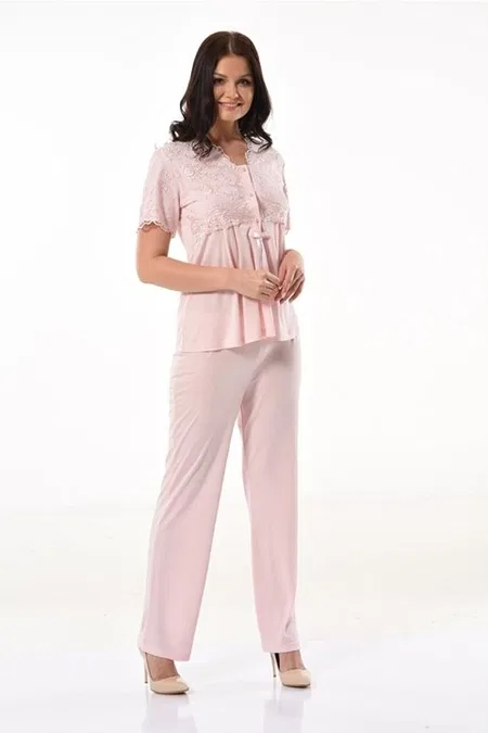 Esnek Bel ve Emzirme Açıklığı Hamile Pijama Takımı XSES 4300 - Pudra