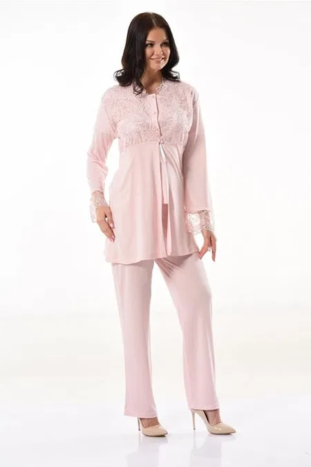Esnek Bel ve Emzirme Açıklığı Hamile Pijama Takımı XSES 4300 - Pudra