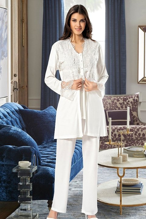 Esnek Bel ve Emzirme Açıklığı Hamile Pijama Takımı XSES 4300 - Ekru