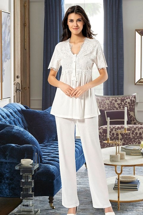 Esnek Bel ve Emzirme Açıklığı Hamile Pijama Takımı XSES 4300 - Ekru