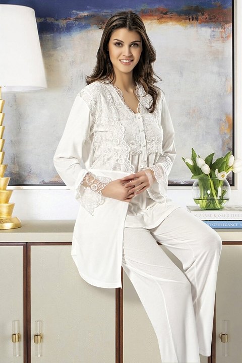 Esnek Bel ve Emzirme Açıklığı Hamile Pijama Takımı XSES 4300 - Ekru