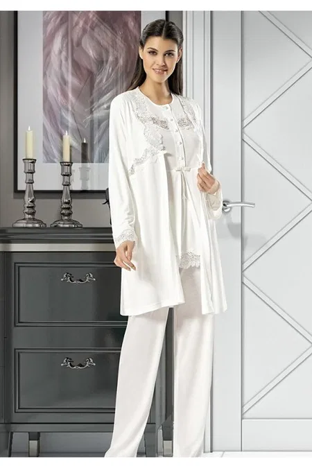 Esnek Bel Bandı Emzirme Açıklıklı Hamile Pijama Takımı XSES 4400 - Ekru
