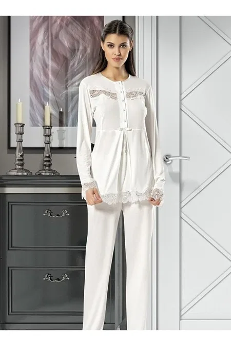 Esnek Bel Bandı Emzirme Açıklıklı Hamile Pijama Takımı XSES 4400 - Ekru