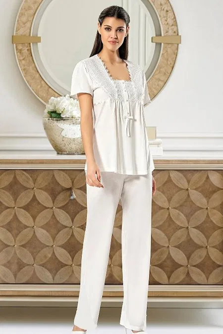 Yumuşak Pamuklu Hamile Lohusa Pijama Takımı XSES 4700 - Ekru
