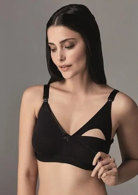 Pamuklu Astar ve Tek Elle Açılan Klips Emzirme Sütyeni Eros 500 - Siyah