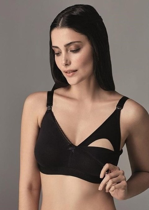 Pamuklu Astar ve Tek Elle Açılan Klips Emzirme Sütyeni Eros 500 - Siyah