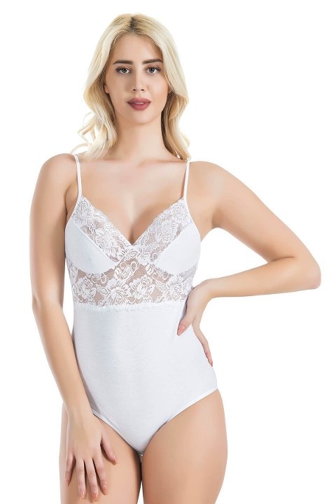Dantel Detaylı İp Askılı Body Derya Kurşun 334 - Beyaz