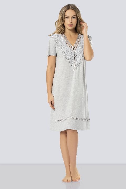 Gri V Yaka Kadın Gecelik Yumuşak Kumaş Türen 3282 - Gri