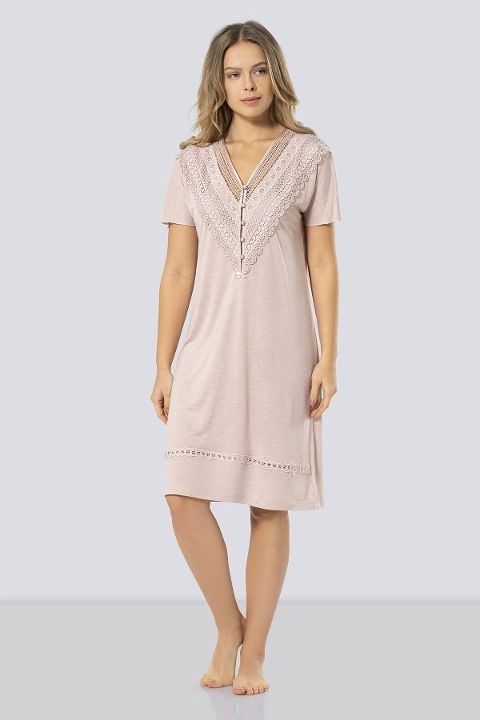 V Yaka Pudra Renk Kadın Gecelik Türen 3282 - Pudra