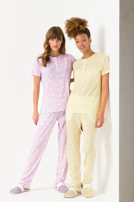 Yeni İnci Kalp Desenli Viskon Patlı Pijama Takımı Yeni İnci 1695