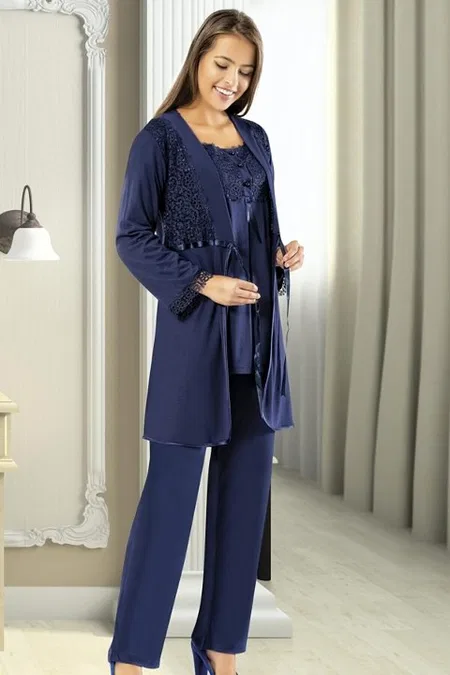 Esnek Bel ve Emzirme Açıklığı Hamile Pijama Takımı XSES 2195 - Lacivert