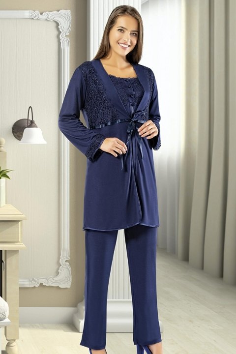 Esnek Bel ve Emzirme Açıklığı Hamile Pijama Takımı XSES 2195 - Lacivert