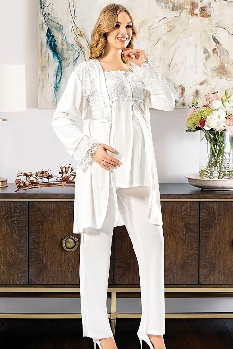 Esnek Bel ve Emzirme Açıklığı Hamile Pijama Takımı XSES 2195 - Ekru