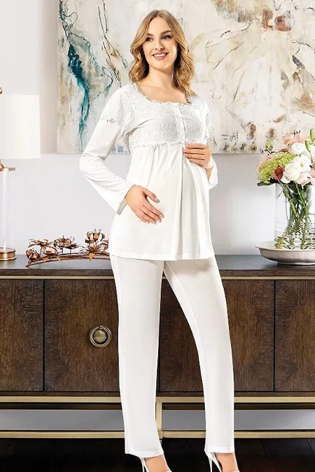 Esnek Bel ve Emzirme Açıklığı Hamile Pijama Takımı XSES 2195 - Ekru