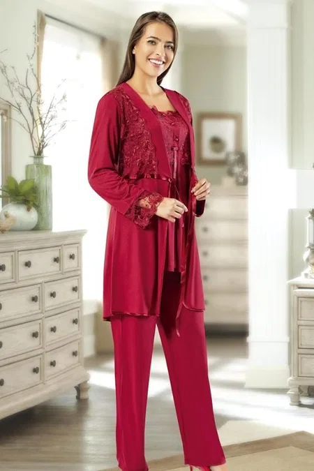 Esnek Bel ve Emzirme Açıklığı Hamile Pijama Takımı XSES 2195 - Bordo