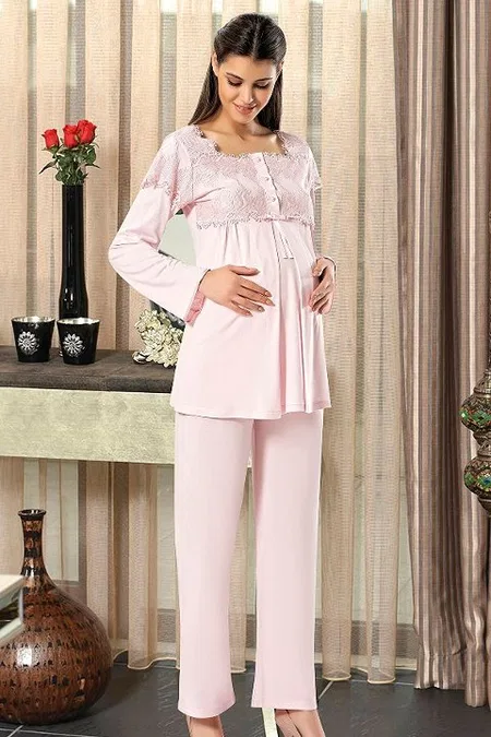 Esnek Bel ve Emzirme Açıklığı Hamile Pijama Takımı XSES 2195 - Pudra