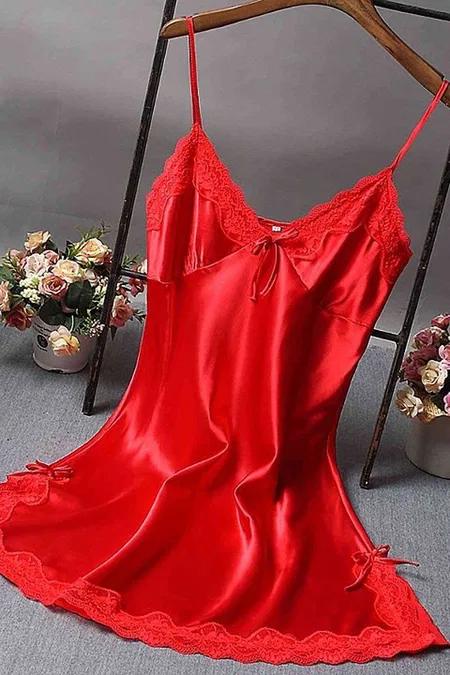 Merry See Dantelli Kısa Saten Gecelik MS2331-Kırmızı - Kırmızı