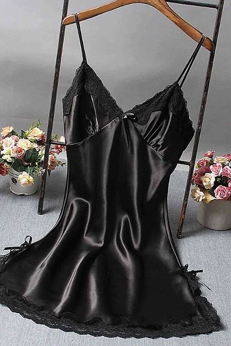 Dantelli Kısa Saten Gecelik Merry See MS2331-Siyah - Siyah