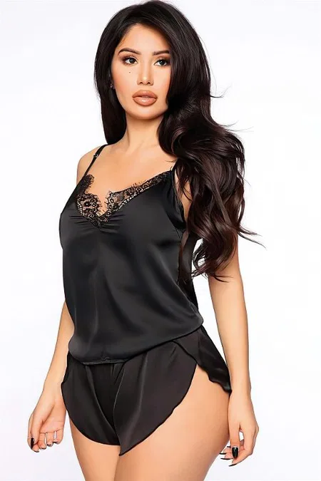 Night Light Saten Mini Şortlu Takım 3359 - Siyah