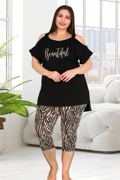 Leopar Desen Omuz Dekolte Kapri Pijama Takımı Lady 10563 - Siyah