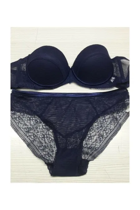 Straplez Push-Up Sütyen Bikini Külot Takımı Orkide 1234 - Lacivert