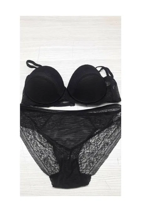Straplez Push-Up Sütyen Bikini Külot Takımı Orkide 1234 - Siyah