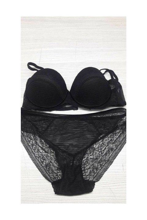 Straplez Push-Up Sütyen Bikini Külot Takımı Orkide 1234 - Siyah