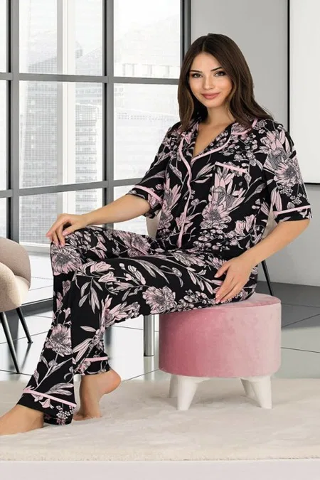 Pembe Çiçek Desenli Askılı 3'lü Pijama Takımı Lady 20001 - Pembe