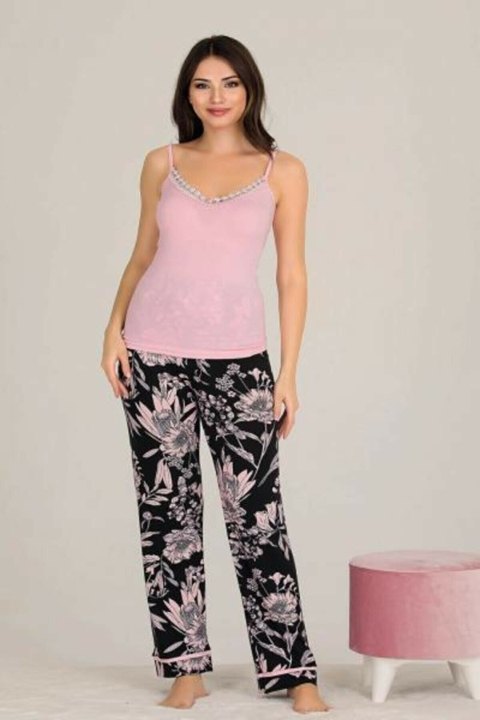 Pembe Çiçek Desenli Askılı 3'lü Pijama Takımı Lady 20001 - Pembe