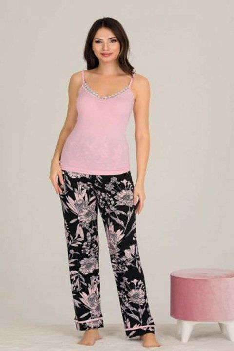 Pembe Çiçek Desenli Askılı 3'lü Pijama Takımı Lady 20001 - 2