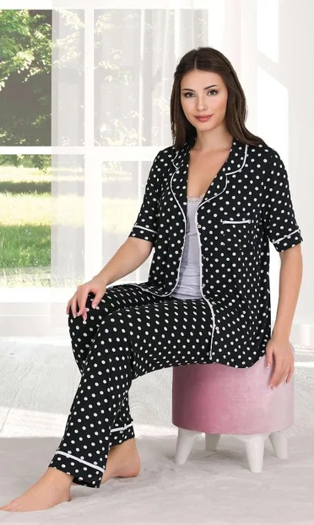 Puantiyeli Esnek Kadın Pijama Takımı Lady 20000 - Siyah