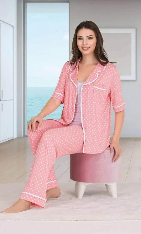 Puantiyeli Düğmeli Pijama Takımı Kadın Lady 20011 - Pembe