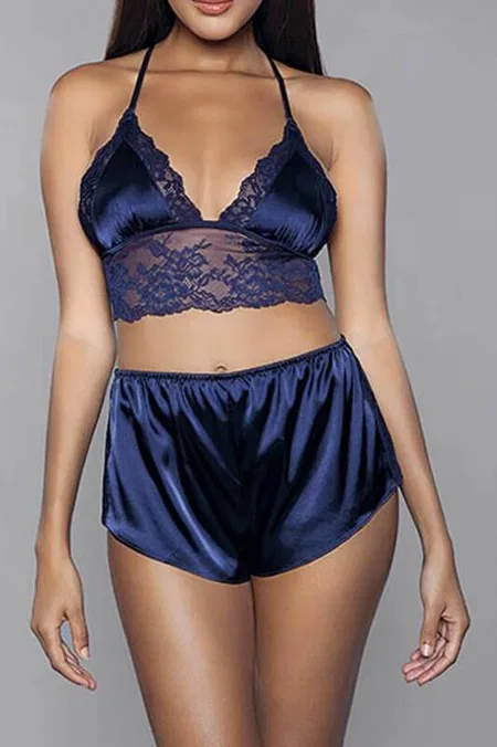 Saten Dantel Detaylı Bralet Şort Takımı For Dreams 8308 - Lacivert