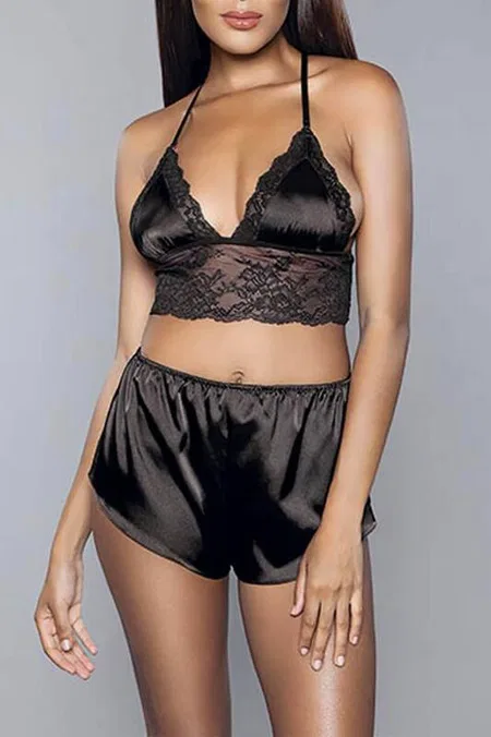 Saten Dantel Detaylı Bralet Şort Takımı For Dreams 8308 - Siyah