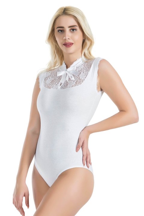 Sıfır Kol Dantel Detaylı Body Derya Kurşun 336 - Beyaz