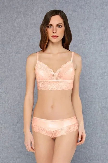 Dantelli Dolgusuz Bralet Sütyen Slip Külot Takım Doreanse 12432 - Somon