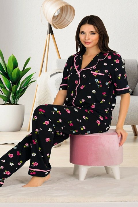 Siyah Çiçek Desenli Pamuklu Pijama Takımı Lady 20003 - Siyah