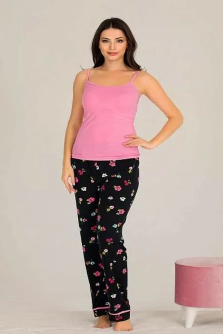 Siyah Çiçek Desenli Pamuklu Pijama Takımı Lady 20003 - Siyah