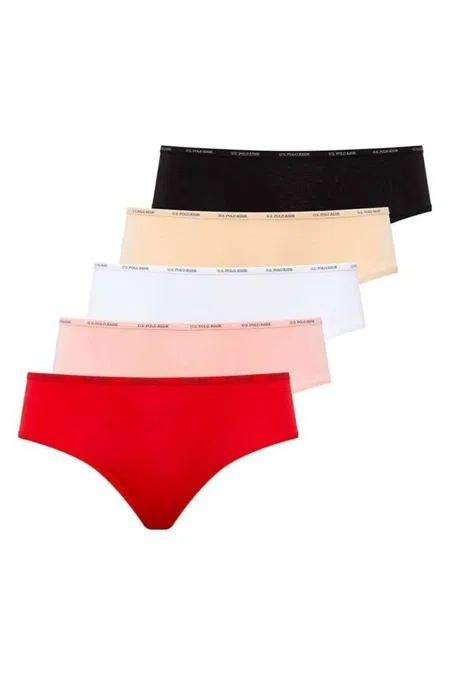 Yüksek Bel Pamuklu Slip Külot 5'li Us. POLO Assn. 67002 - Siyah-Beyaz-Ten-Somon-Kırmızı
