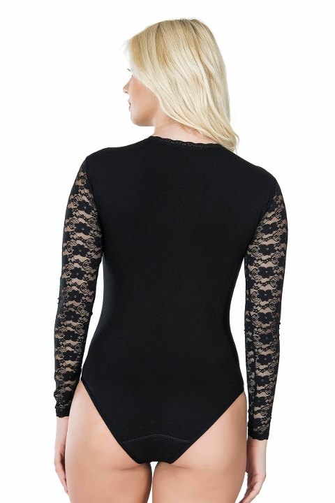 Uzun Kollu Dantelli Body Tek Parça Derya 342 - Siyah